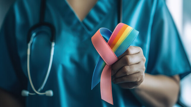 healthcare professional in blue scrubs holds colorful ribbon symbolizing LGBTQ+ pride and health awareness, promoting inclusivity and support. Pride month health awareness concept