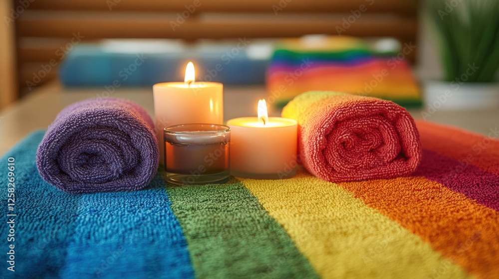 Poster colorful rolled towels on rainbow striped surface with lit candles create serene and inclusive spa l