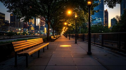 Empty City Walkway At Night With Street Lights