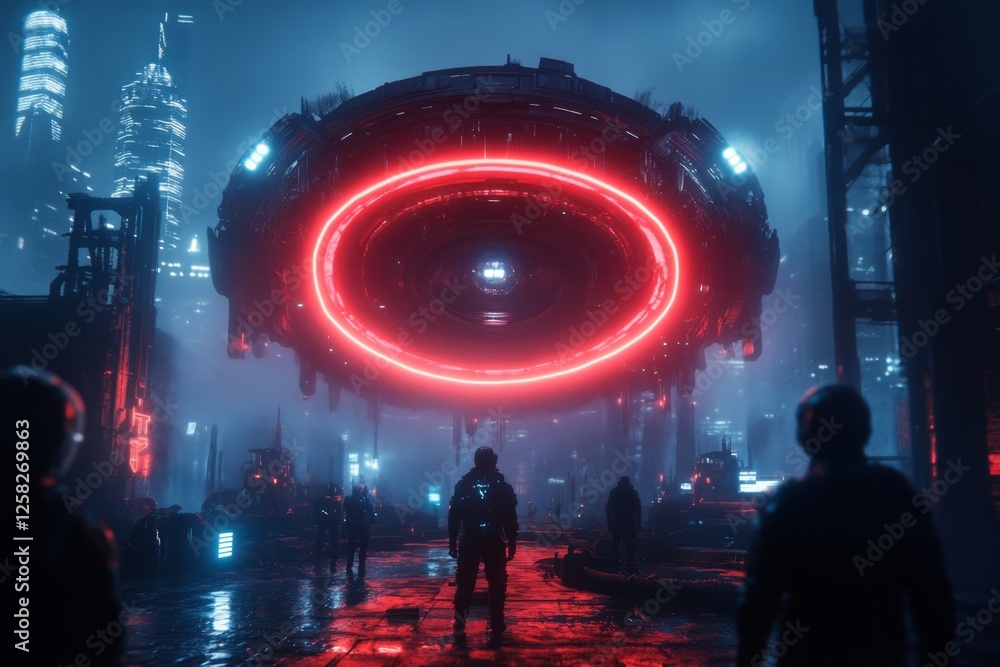 Poster a 3d-rendered floating city with futuristic skyscrapers forming a grand background behind a cybernet