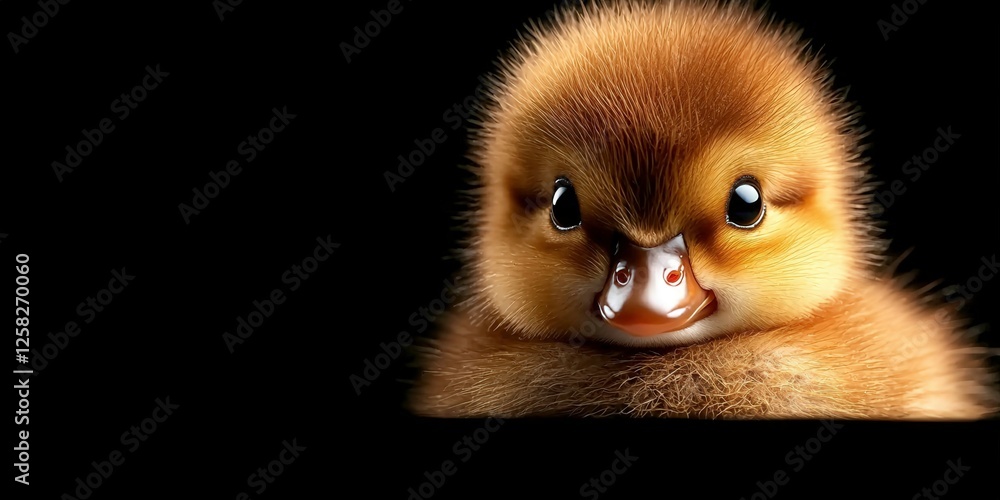 Poster fluffy baby duckling with golden hue is set against deep black background, creating striking contras