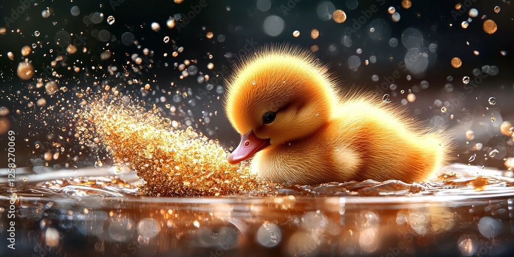 Poster fluffy baby duckling splashes in shimmering golden water, creating magical and playful scene with sp