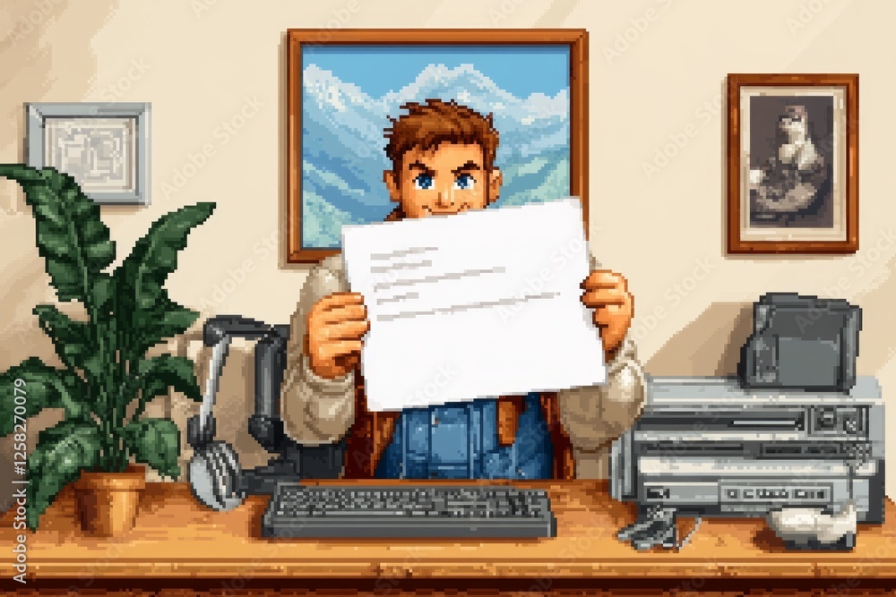 Poster A 8-bit pixel art of a character holding a floating checklist, symbolizing completed guidelines in a retro video game