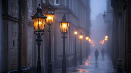Mysterious evening stroll along a foggy street lined with vintage street lamps