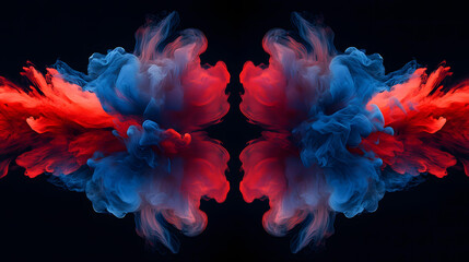 Obraz premium Abstract Red and Blue Ink Swirls in Mirrored Symmetry on Black Background