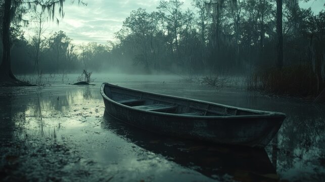 Foggy swamp boat at dawn; tranquil scene