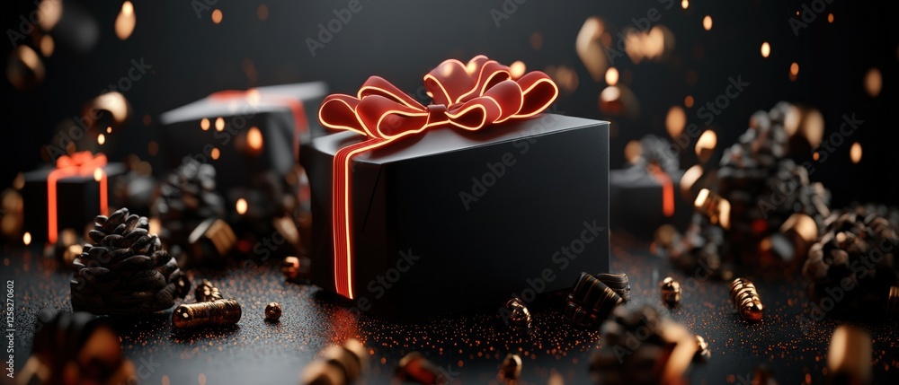 Poster black gift box with red bow and glowing red ribbon on a dark background in 3d rendering