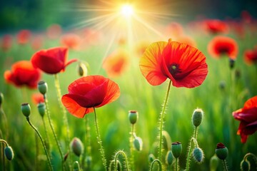 Fototapeta premium Minimalist Poppy Field: Vibrant Red Flowers in Simple Landscape