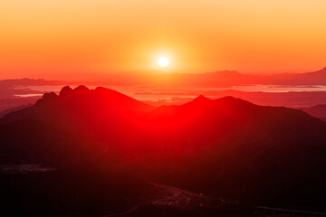 Sunset over the Miyun Reservoir, a large-scale reservoir in Miyun District, Beijing, China