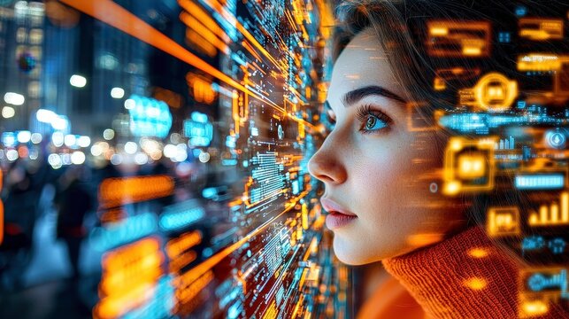 woman gazes at digital interface with glowing data and graphs, reflecting futuristic cityscape. scene conveys sense of technology and innovation