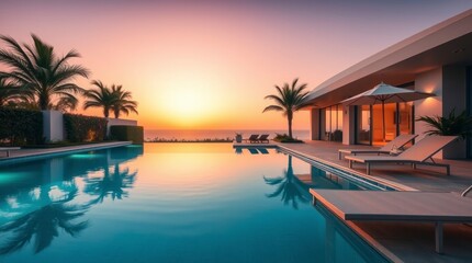 Obraz premium Luxury Sunset Pool Villa Ocean View Tropical Escape