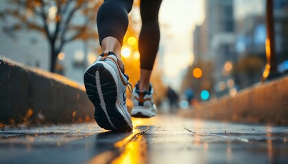 Person Running on Wet Sidewalk in City with Athletic Shoes