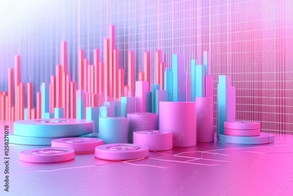 Poster a vibrant visualization of financial data featuring colorful bar graphs and circular elements, symbo