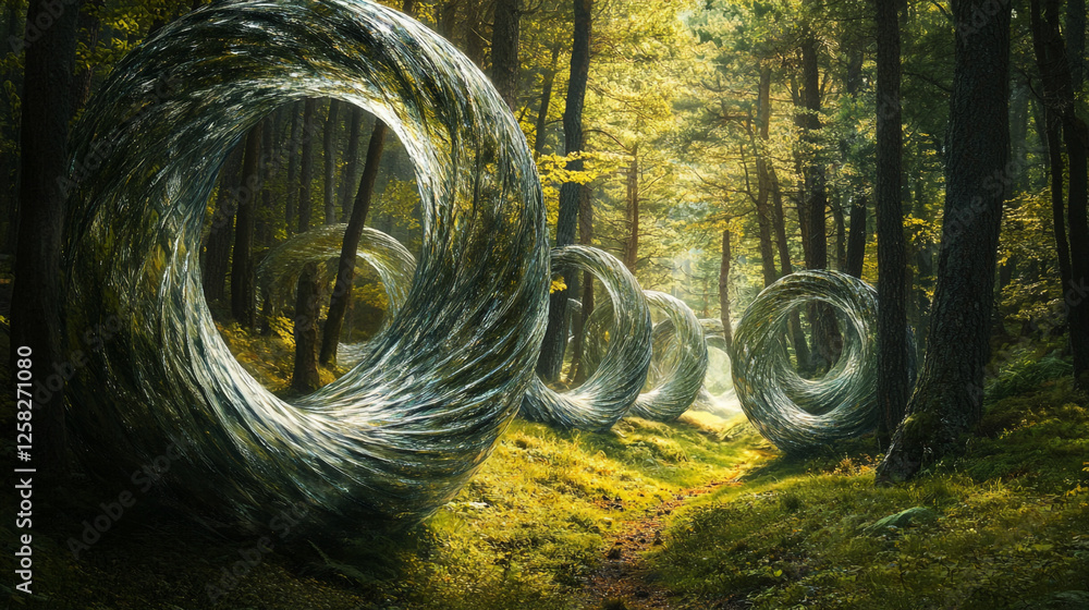 Poster mysterious forest pathway with large circular structures illuminating the surroundings