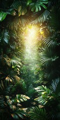 dense tropical rainforest with lush green foliage and sunlight filtering through canopy, creating serene and vibrant atmosphere