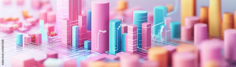 Poster a vibrant digital visualization of 3d bar graphs in pastel colors, representing data analysis and tr