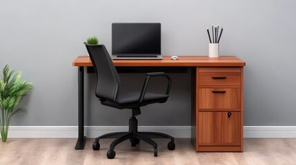 Modern home office setup featuring a wooden desk, ergonomic chair, and computer against a neutral wall