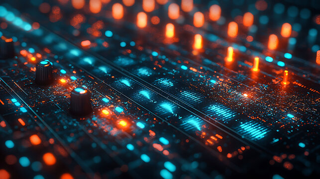 Closeup of a futuristic sound mixing console, glowing with vibrant teal and orange lights.  Dynamic equalizer displays show audio activity. Ideal for tech, music, and digital concepts.