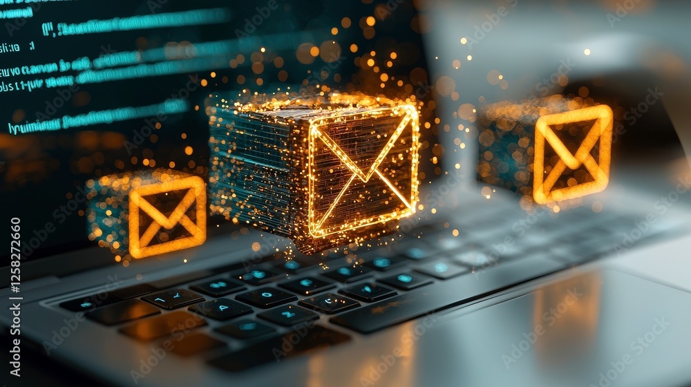 Poster digital confirmation email is displayed on laptop keyboard, symbolized by glowing envelopes. image c