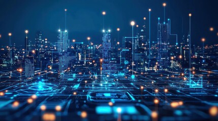 Obraz premium Smart city digital network glowing at night