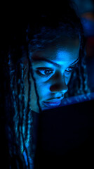 Woman with Braids, Illuminated in Blue Light, Gazing Intently at Screen in the Dark, Deeply Focused on Digital Task at Night