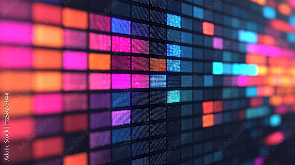 Poster vibrant digital display with colorful rectangular patterns creates abstract, futuristic aesthetic. i