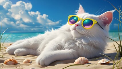 White Cat Relaxing on Beach Wearing Sunglasses Enjoying Summer Vacation