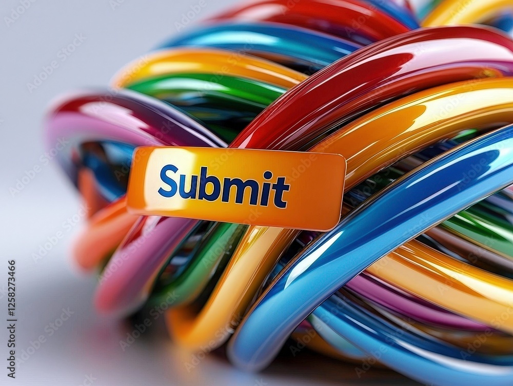 Poster vibrant digital form with bold submit button intertwined in colorful abstract shapes, creating dynam