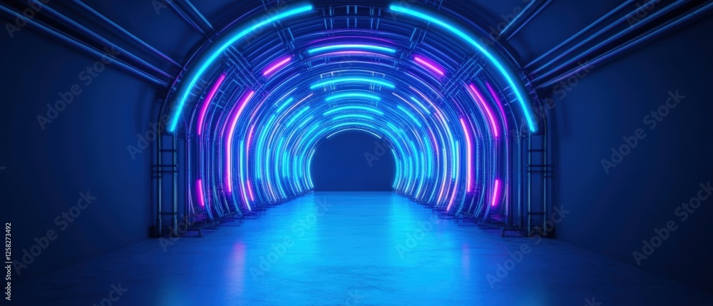 Poster neon illuminated tunnel with blue abstract background and light trails creating a futuristic atmosph