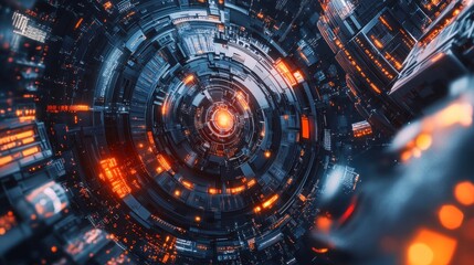 Obraz premium Abstract circular technological tunnel with glowing orange and blue lights.