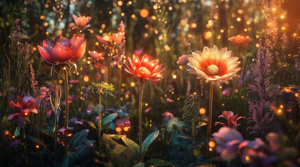 Colorful flowers bloom in a mystical garden during golden hour lighting