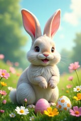 Easter bunny ears with eggs on meadow flowers background, flowers, Easter decorations