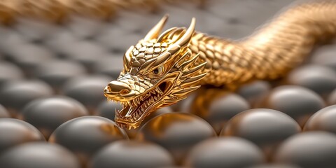 golden dragon with intricate scales and fierce expression emerges from sea of metallic spheres, symbolizing power and elegance