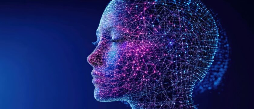 Head silhouette with network lines and dots in blue and purple tech wireframe design on a dark background