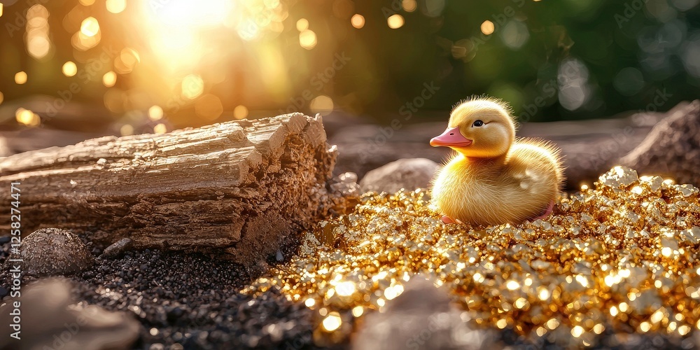 Poster fluffy duckling sits on pile of shimmering gold nuggets, surrounded by natural setting with sunlight