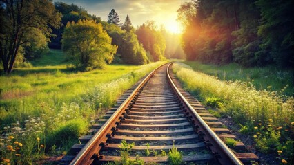 Fototapeta premium Golden Hour Railroad Journey Through Lush Green Meadow