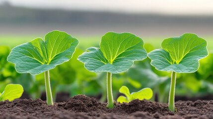 Naklejka premium Young plants growing in field, sunrise