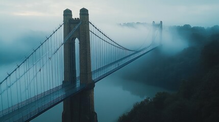 Foggy River Suspension Bridge Landscape, Travel Poster