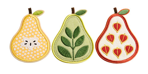 Embroidered Pear Patch Sticker on White, Fruit Inspired Stickers, PNG Transparent