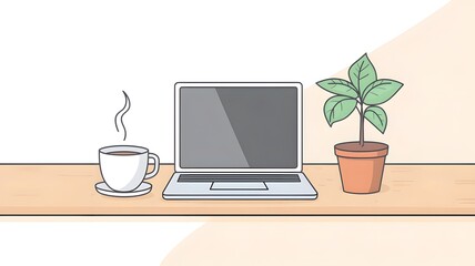 Fototapeta premium Laptop life blooms with coffee and a small plant in the office, kitchen, and beyond