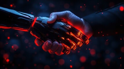 Human and robotic hands shaking in a futuristic setting