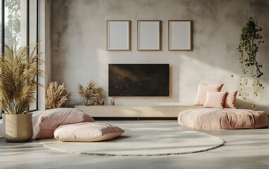 Modern living room, sunlight, pink cushions, textured wall, relaxing atmosphere, interior design mockup