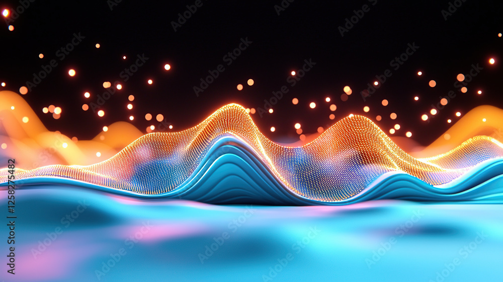 Poster futuristic digital landscape with glowing waves. abstract data flow and ai visualization