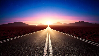 Stunning sunset over a desert highway stretching to the horizon.  Perfect for travel, adventure, and freedom themes.  High-resolution image ideal for websites, print, and social media.