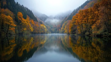 Fototapeta premium A calm lake surrounded by forested hills.