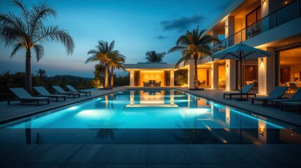 Fototapeta premium Luxury Villa with Pool Tropical Sunset Night View