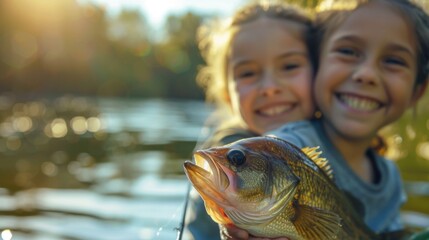 Two joyful girls proudly display a big bass fish they caught on a sunny day at a serene lake, showcasing their bond and excitement for fishing in nature.