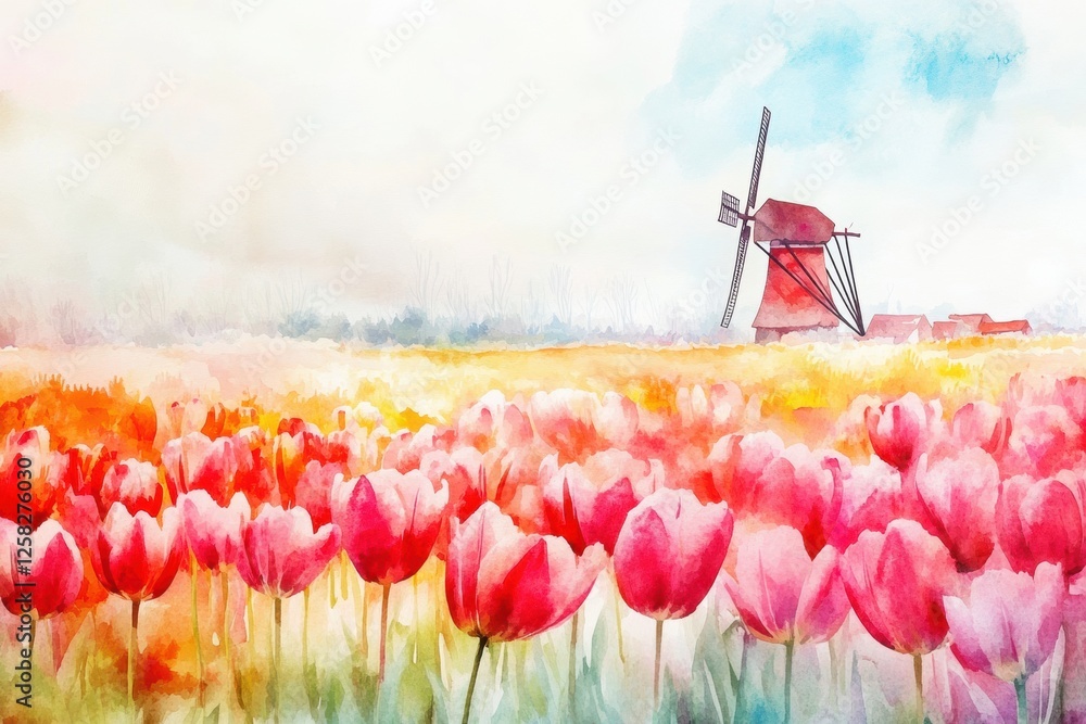 Aufkleber vibrant spring fields filled with colorful tulips and a classic windmill in the serene countryside l