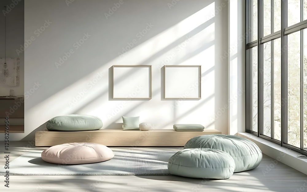 Sticker Minimalist zen room interior design, sunlight, floor cushions, large window