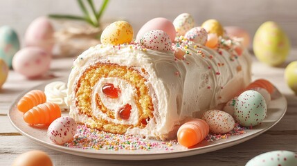 Obraz premium Elegant carrot roll cake with smooth frosting, adorned with pastel chocolate eggs, vibrant jelly carrots, and sugar sprinkles, cozy Easter setting
